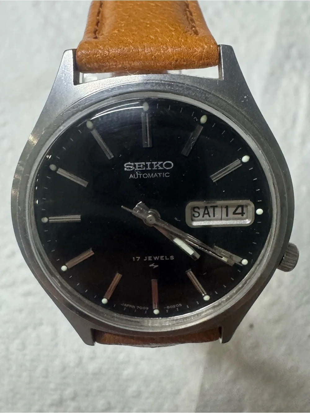 Seiko Black Dial Watch with Tan Leather Strap